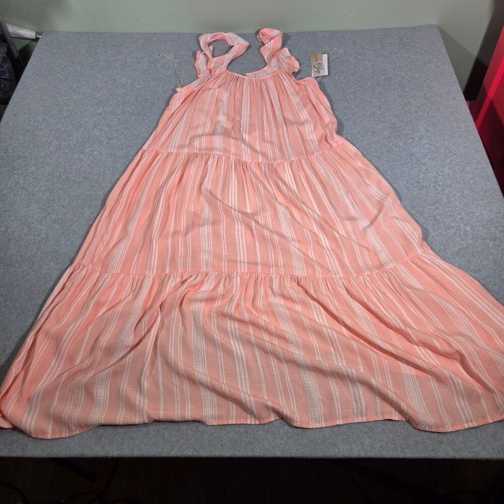 Como Vintage Peach Striped Tiered Maxi Dress Womens L Tie Strap Boho Summer NWT